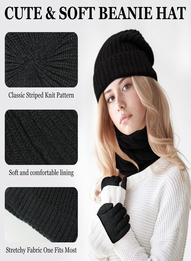 ROPCIA Winter Women Beanie Hat Scarf Gloves Headband Set Warmer Knit Hats Scarf Touchscreen Gloves Crochet Headband Winter Gifts (4pcs Black) - Image 2